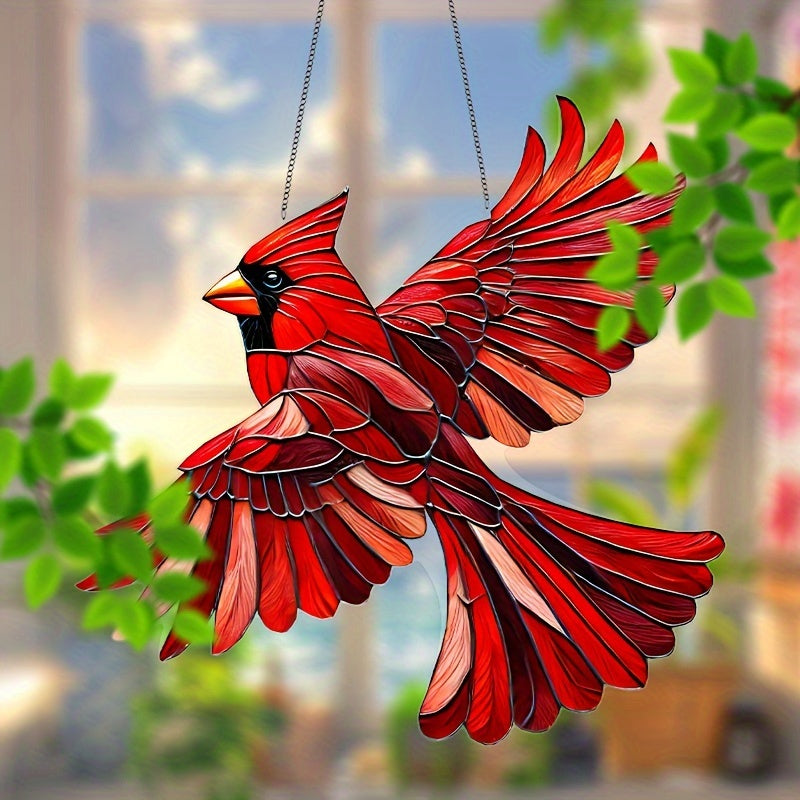 Christmas Cardinal Bird Suncatcher - 8" Hanging Animal Decoration, Gift for Mom, Birthday Present for Her, Inspiring Retirement Gifts for Women, Holiday Home & Wall Decor, Festive Room Ornament
