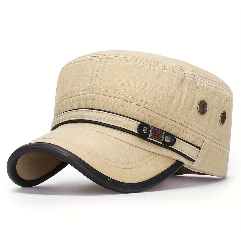 Stylish Unisex Leather Flat Top Hat - Men's Accessories, Military-Inspired Baseball Cap with Sun Protection, Adjustable One-Size-Fits-Most Design, and Vintage Washed Look