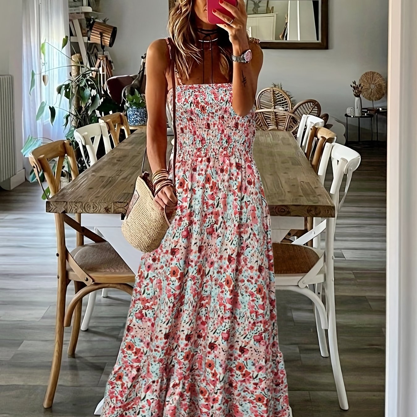 VAKKV Summer Breeze Floral Spaghetti Strap Gown - Sleeveless, Lace-Up, Long Vacation Dress, Easy-Care Polyester