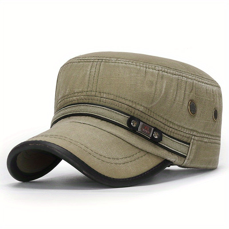 Stylish Unisex Leather Flat Top Hat - Men's Accessories, Military-Inspired Baseball Cap with Sun Protection, Adjustable One-Size-Fits-Most Design, and Vintage Washed Look