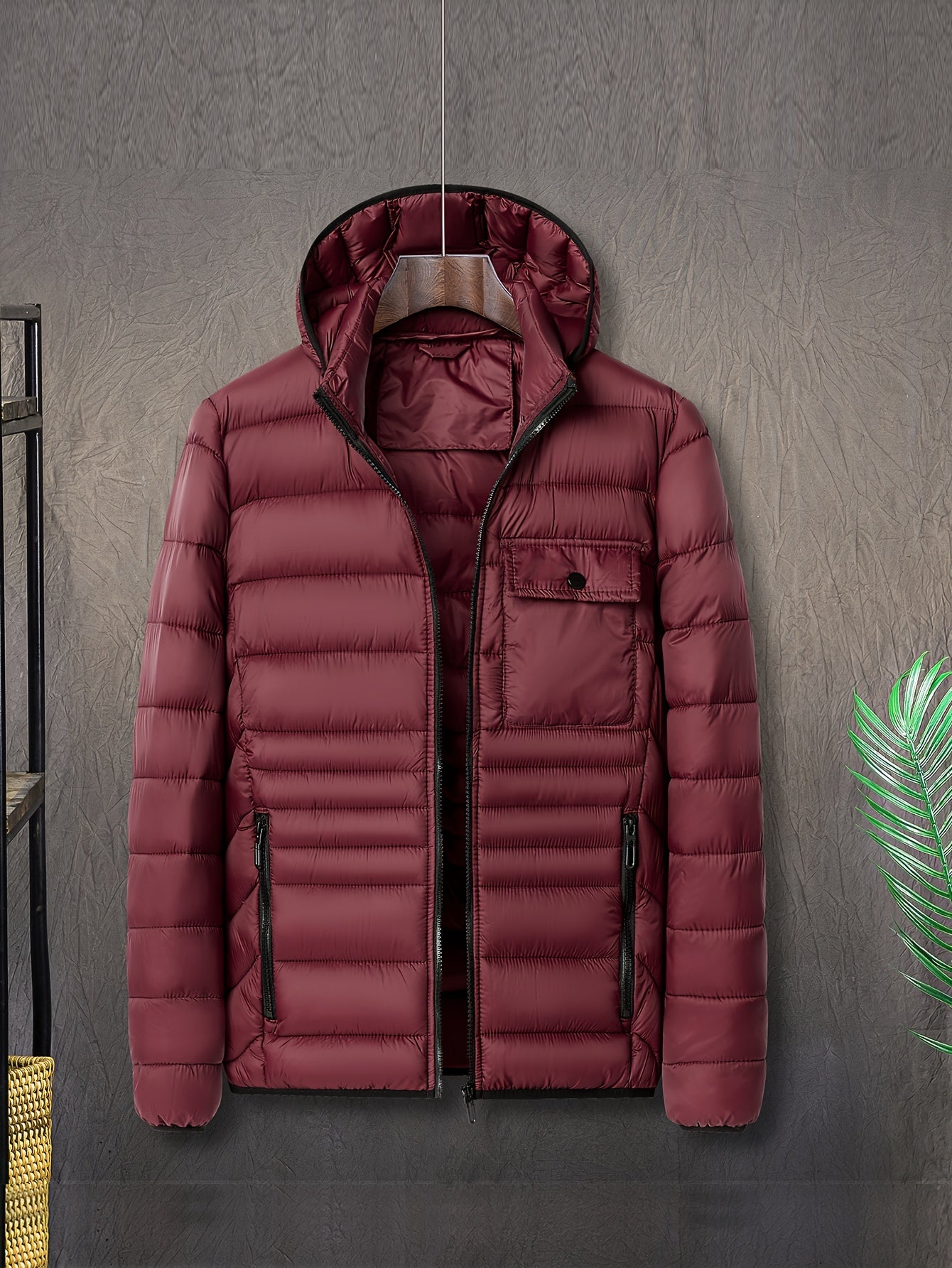Men's Solid Color Hooded Puff Jacket, Long Sleeve Stand Collar Comfy Warm Trendy Winter Faux Down Coat As Gift