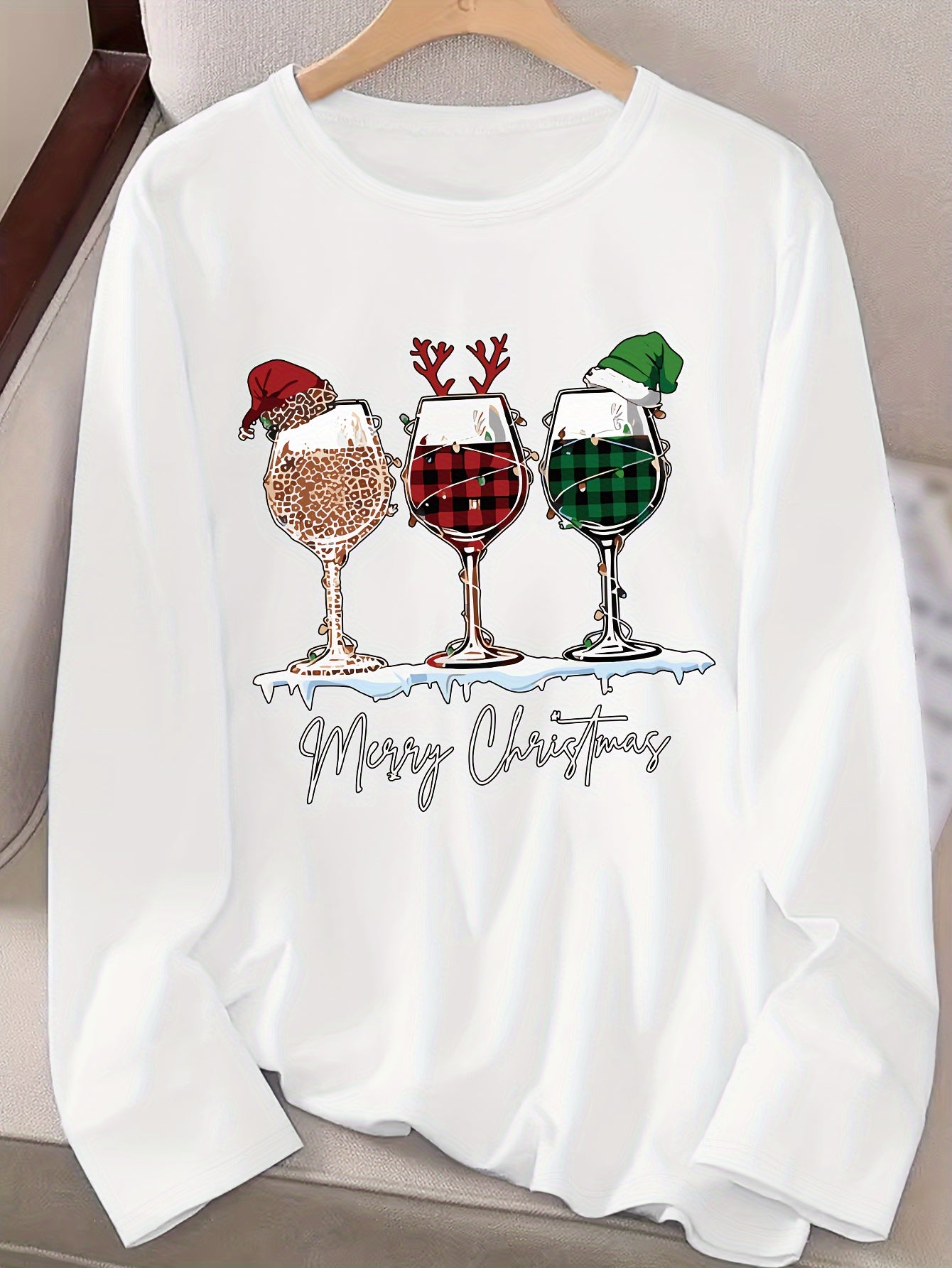 Women's Festive Christmas Wine Glass & Letter Print Long Sleeve T-Shirt - Casual Crew Neck, Polyester, Machine Washable