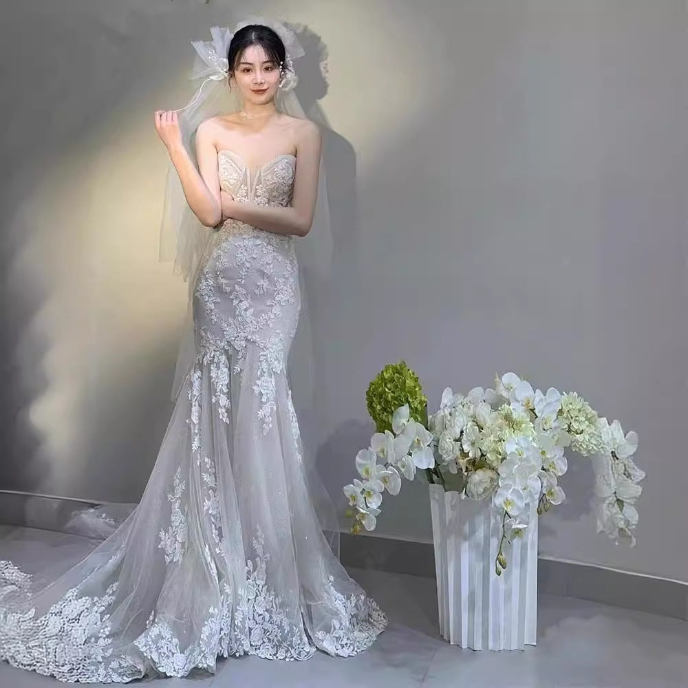 VAKKV Fishtail Lace Wedding Dress Main Yarn Advanced Texture New Bridal Slim Fit Super Fairy Slimming Tube Top Wedding Veil Women