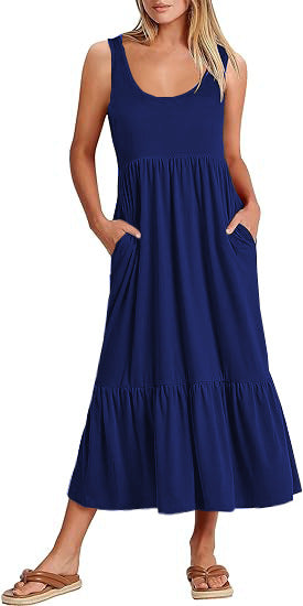 Cross Border Hot Summer Sleeveless Vest Dress Expansion Skirt Casual Elegant Layered Beach Pocket Dress for Women