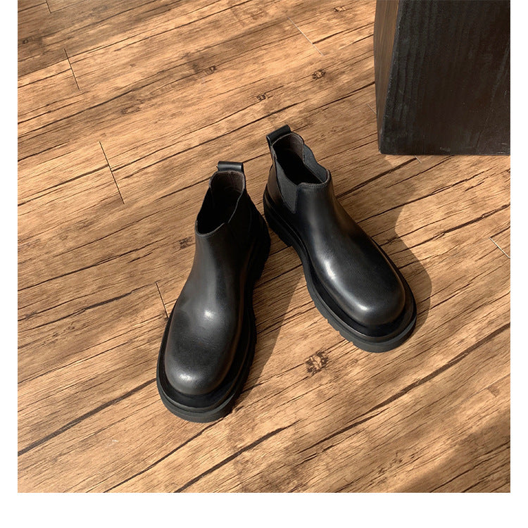 2025 Cowhide version~ Inner heightening Martin boots Women's British style velvet commuter short tube thick-soled Chelsea short boots Smoke boots