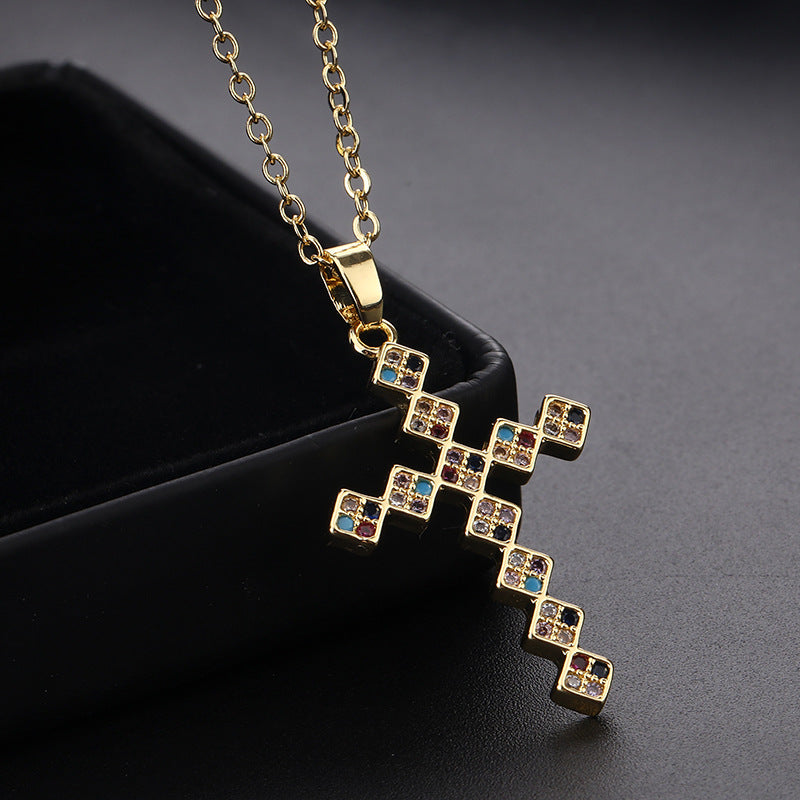 INS Vintage Gold Cross Necklace Personalized Pendant Zircon European and American Style Necklace Special-Interest Design Titanium Steel Clavicle Chain