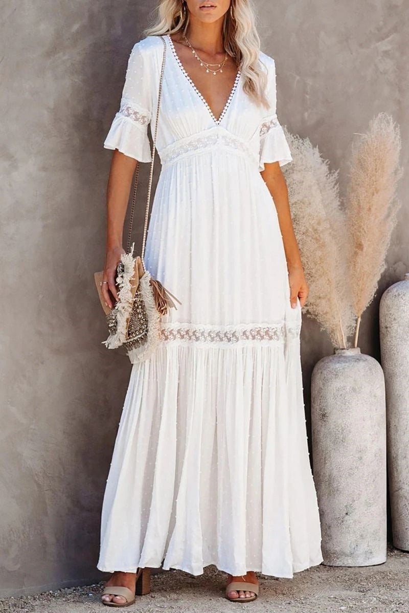 VSKKV 2021 European and American Spring and Summer New Short Sleeve Dress Women's Foreign Trade Solid Color Lace V-neck Dress