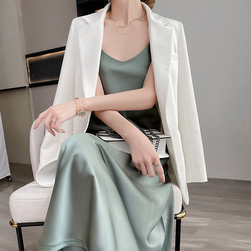 24 New High end Acetic Acid Sling Skirt Women's Long Off Shoulder Satin Sling Dress Mid length Summer Women's Outwear