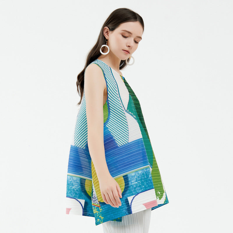 summer new pleated women's clothing design sense round neck printed vest pullover loose casual t-shirt top women