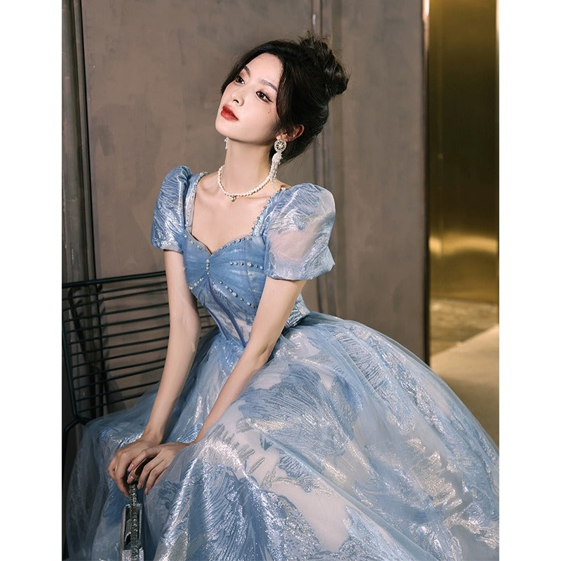 Blue banquet evening dress 2024 new French luxury niche high-end temperament adult ceremony senior sense host