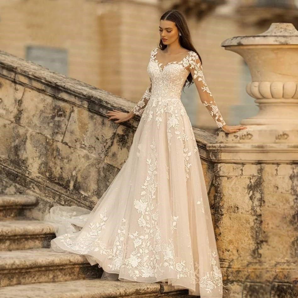 Deep V-neck Backless Wedding Dress Long Sleeve Cross-Border Summer New Style Trailing Slimming Slim Fit Sexy Minimalist Trip Shoot
