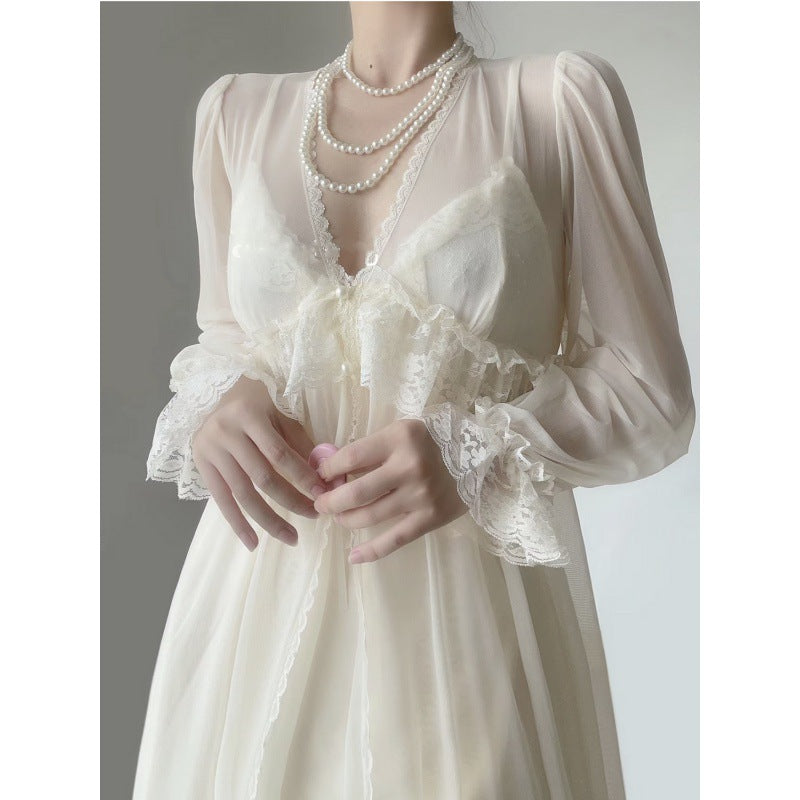 2025 Vintage morning robe female bride new sexy lace high-end ice silk mesh summer pure desire pajamas two-piece set