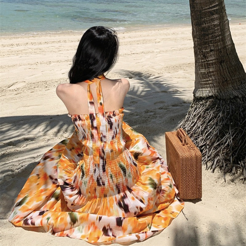 2025 Tube top dress women's summer niche printing waist and thin Sanya travel seaside vacation wind beach temperament long dress