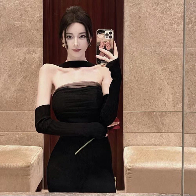VSKKV Design Mesh Stitching Dress Women's Xiacnee Desire Style Halter Black Formal Dress Split Waist Fitted Hip Skirt