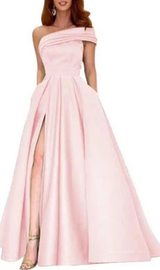 VAKKV Foreign Trade One Shoulder Satin Dress Evening Dress Birthday Banquet Pettiskirt Green High Slit Sexy Jumpsuit