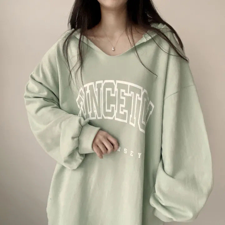 VAKKV Manufacturer lazy thin Taiwan autumn and winter Korean version letter hooded loose spring and autumn sweater women's V-neck medium and long trendy brand