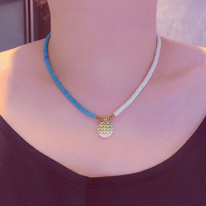 Cross-Border European and American Twin Natural Shell Pearl Necklace Diamond Turquoise Titanium Steel Pendant Color Necklace Female Accessories