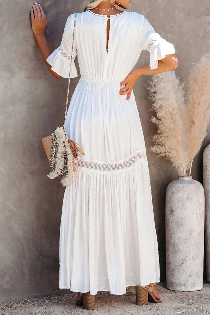 VSKKV 2021 European and American Spring and Summer New Short Sleeve Dress Women's Foreign Trade Solid Color Lace V-neck Dress