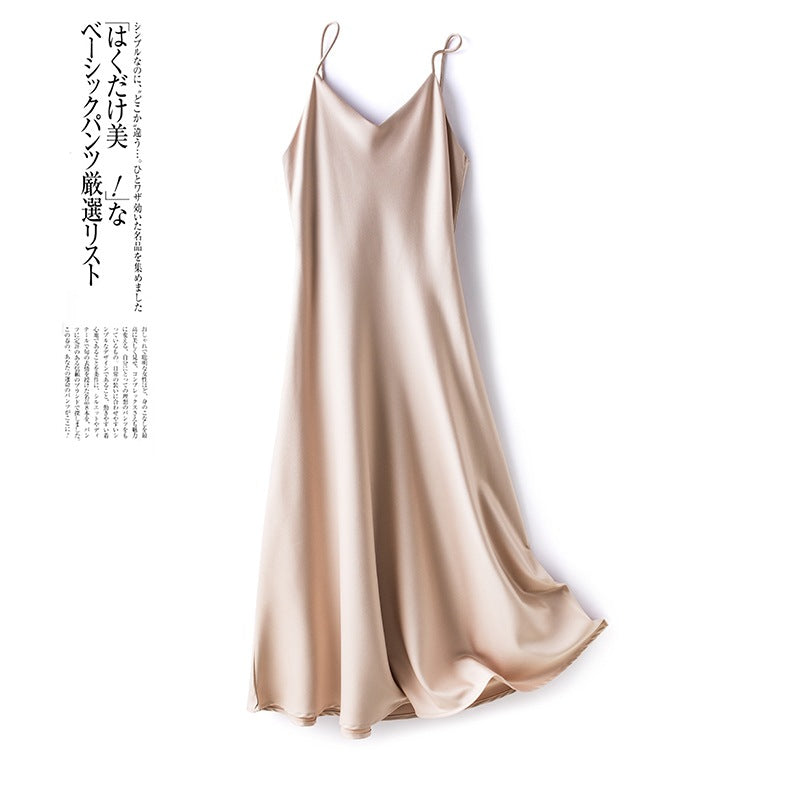 24 New High end Acetic Acid Sling Skirt Women's Long Off Shoulder Satin Sling Dress Mid length Summer Women's Outwear