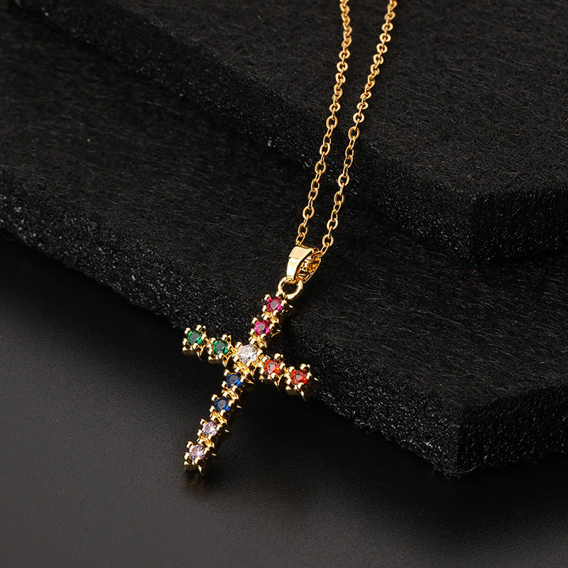 INS Vintage Gold Cross Necklace Personalized Pendant Zircon European and American Style Necklace Special-Interest Design Titanium Steel Clavicle Chain