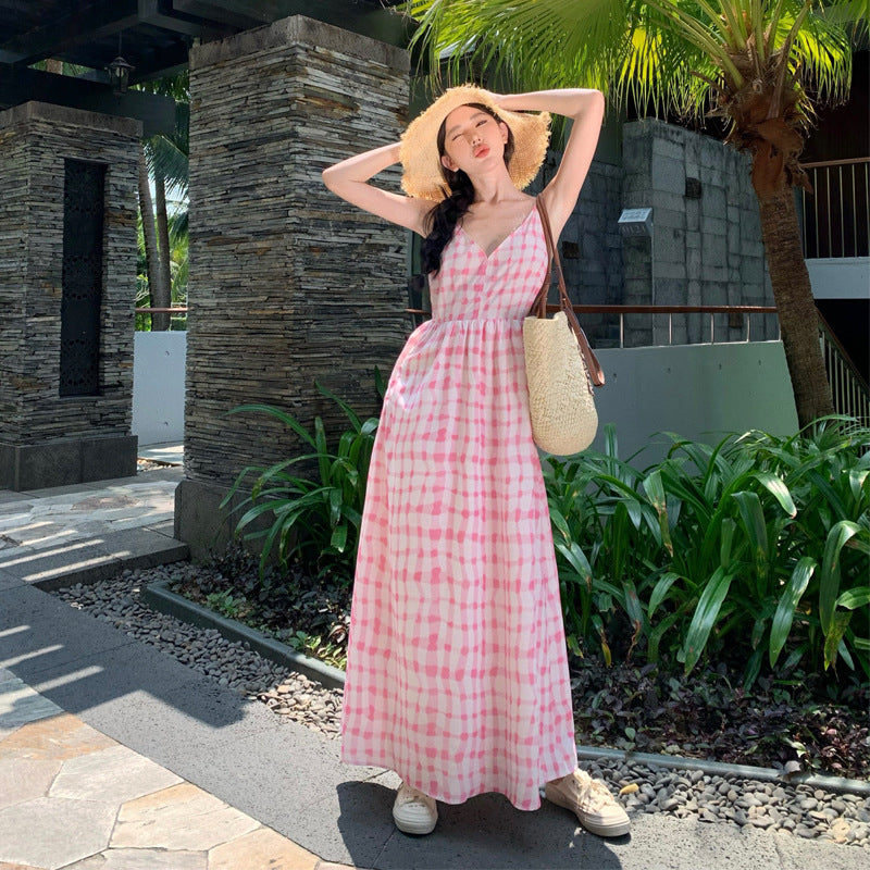 2025 Thailand travel wear beach dress seaside vacation pink plaid suspender dress female sexy backless long skirt