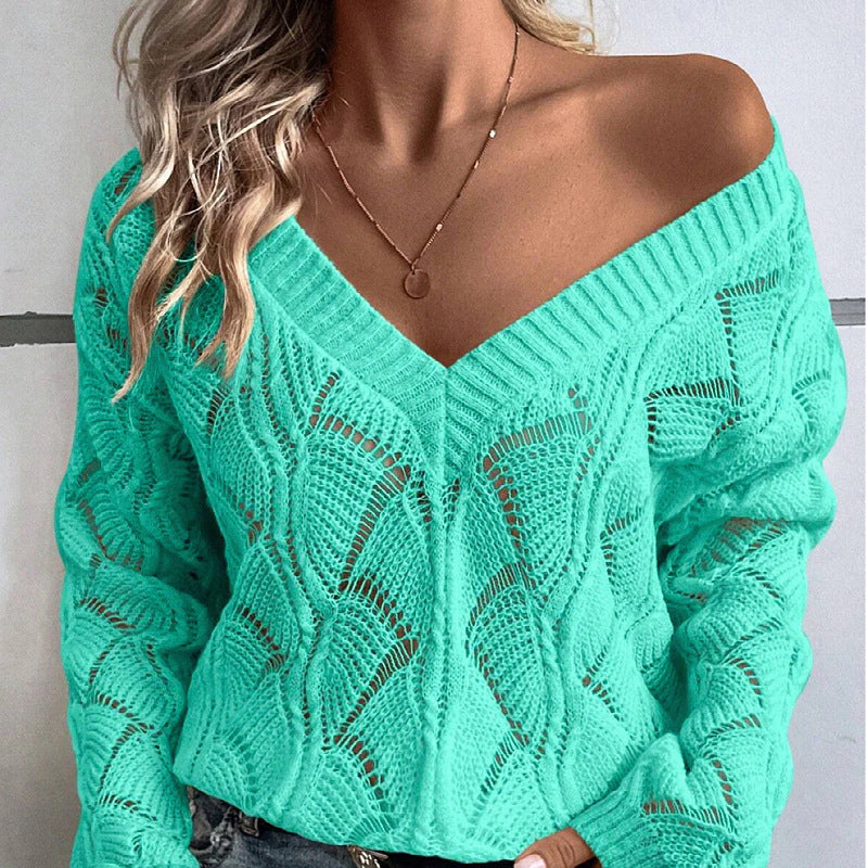 New autumn and winter new sweater women's V-neck long-sleeved hollow loose pullover sweater women