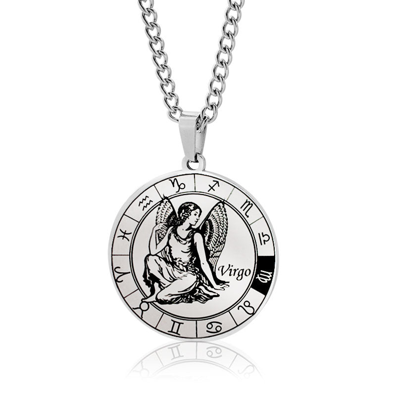 vakkv 12 Constellation Pendant Necklace Men's Titanium Steel Power Style Personalized Leo Turntable Couple's Stainless Steel Necklace