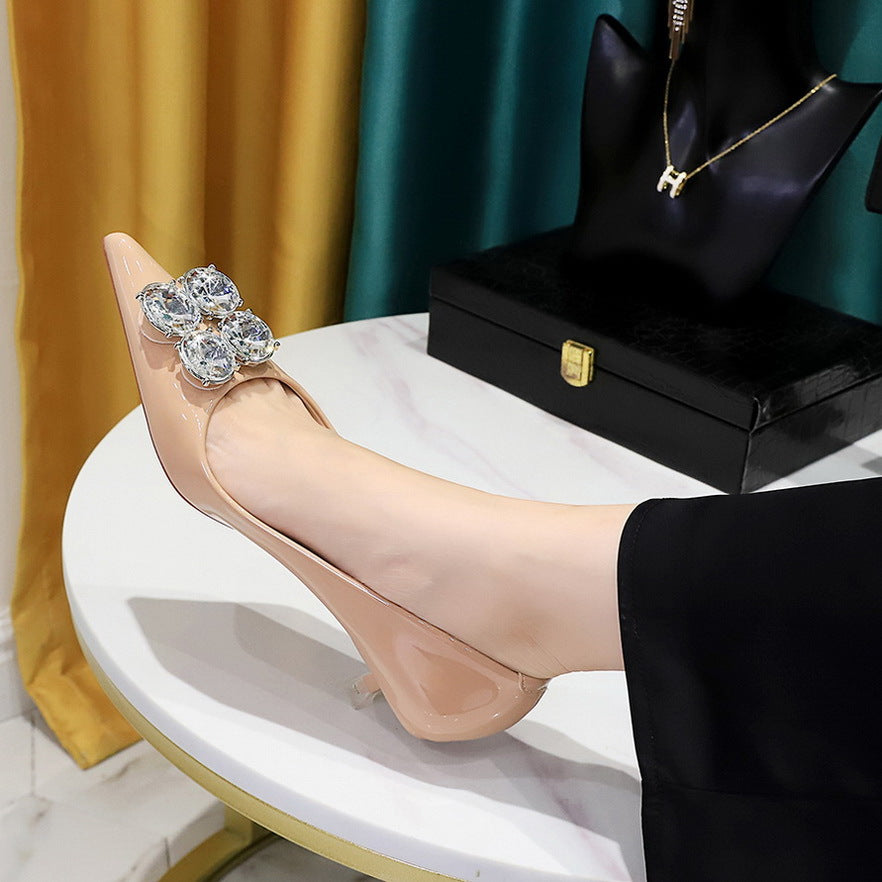 2025 237-K59 Korean version of fashion banquet women's shoes thin heel middle heel thin patent leather light mouth pointed metal rhinestone single shoes