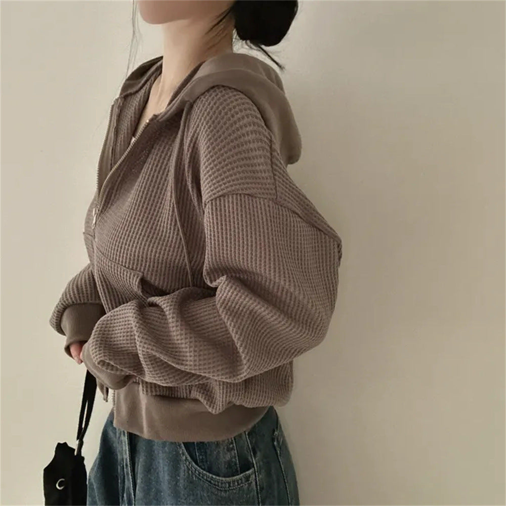 VAKKV Manufacturer Small loose zipper cardigan jacket Large size clothes Korean version hooded thin waffle sweater women