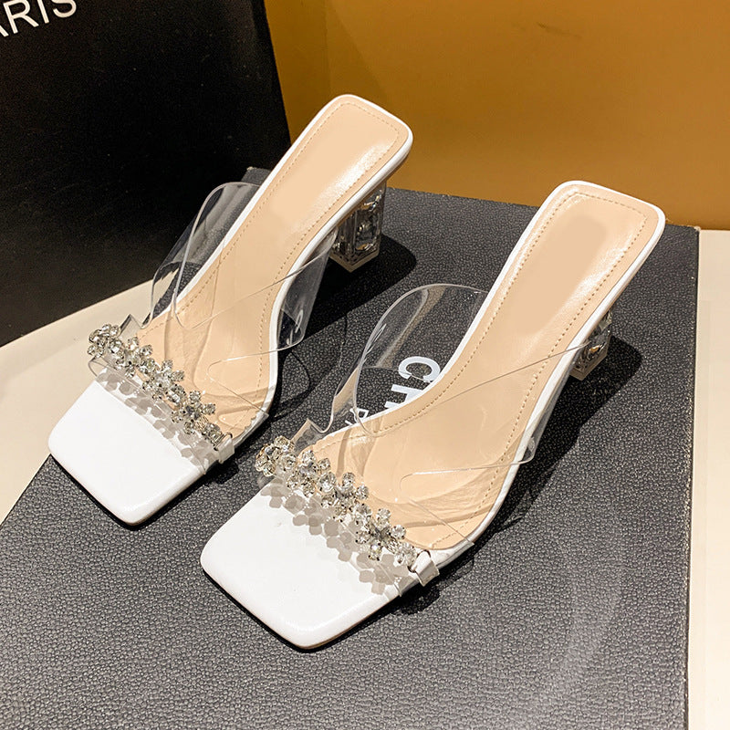 Square Toe Rhinestones Strap High Heels Women's Summer New Chunky Heel Transparent Crystal Heel Sandals Slip-on