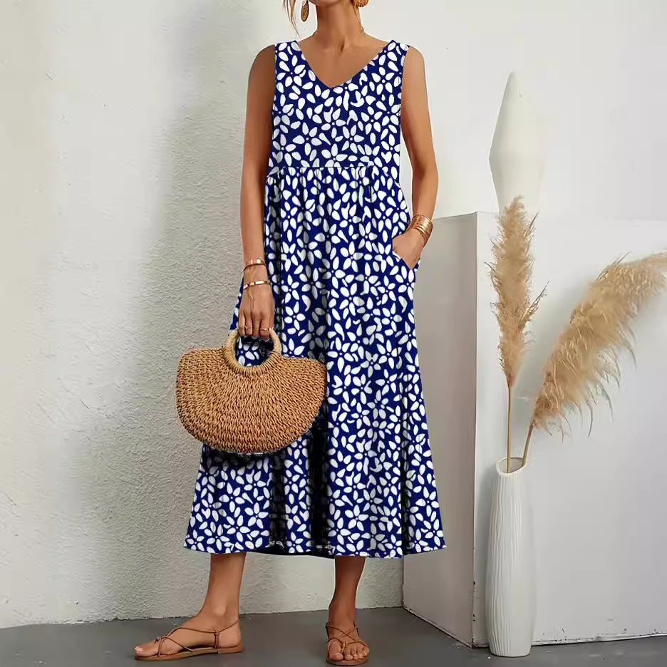 Cross-Border Sleeveless Pocket Loose V-neck Dress Printed Summer New European and American Fashion Women's Clothing