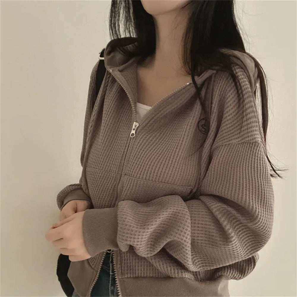 VAKKV Manufacturer Small loose zipper cardigan jacket Large size clothes Korean version hooded thin waffle sweater women