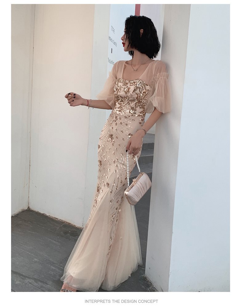 VAKKV Champagne Dress Sequined Embroidered Bridal Wedding Toast Dress Banquet Performance Host Fishtail Dress Adult Ceremony Female