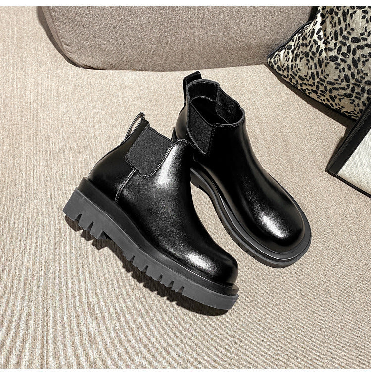 2025 Cowhide version~ New inner height-increasing Martin boots women's British style velvet short tube thick-soled Chelsea short boots cigarette boots