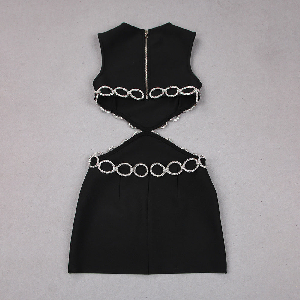 Summer New European and American Sexy Hollow Rhinestone Sleeveless Bandage One-Piece Dress Banquet Party Small Dress