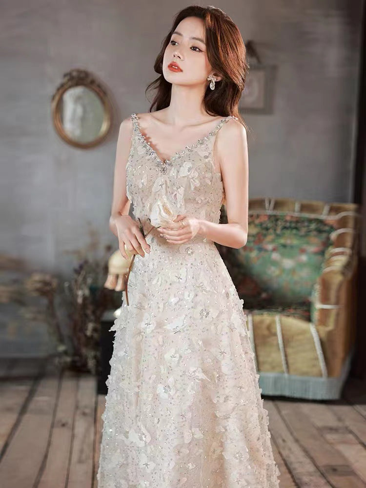 Little Evening Dress Female Spring/Summer High-End Elegant V-neck High-End Affordable Luxury Champagne Dress Daily Style Summer