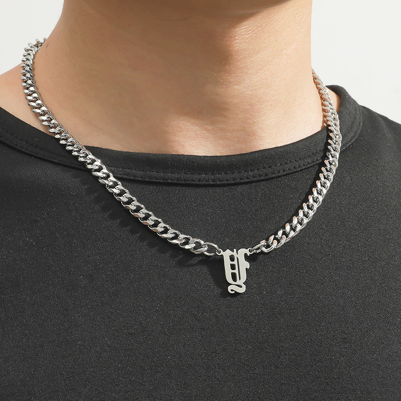 Cross-Border Hot Selling Stainless Steel English Letter Pendant Necklace Ins Cuban Necklace Hip Hop Street Trend New Product