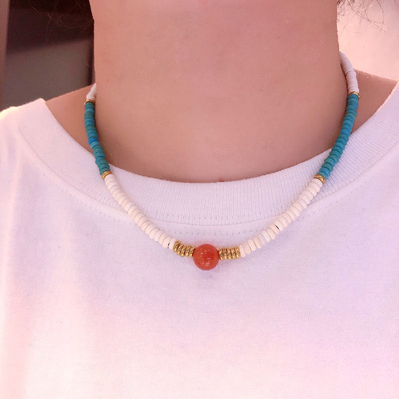 Cross-Border European and American Twin Natural Shell Pearl Necklace Diamond Turquoise Titanium Steel Pendant Color Necklace Female Accessories
