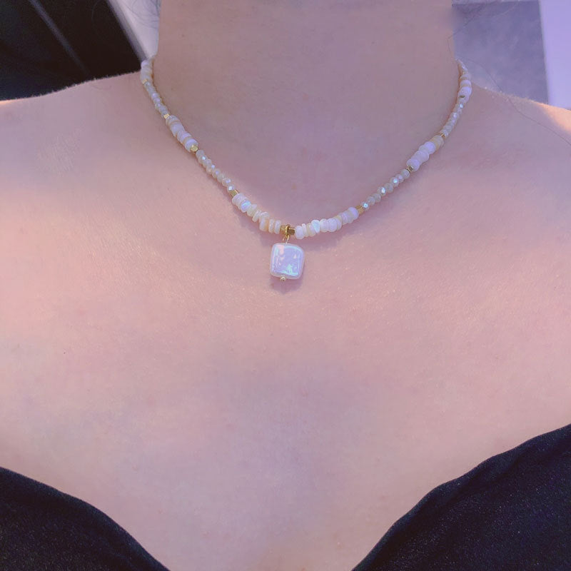 Cross-Border European and American Twin Natural Shell Pearl Necklace Diamond Turquoise Titanium Steel Pendant Color Necklace Female Accessories
