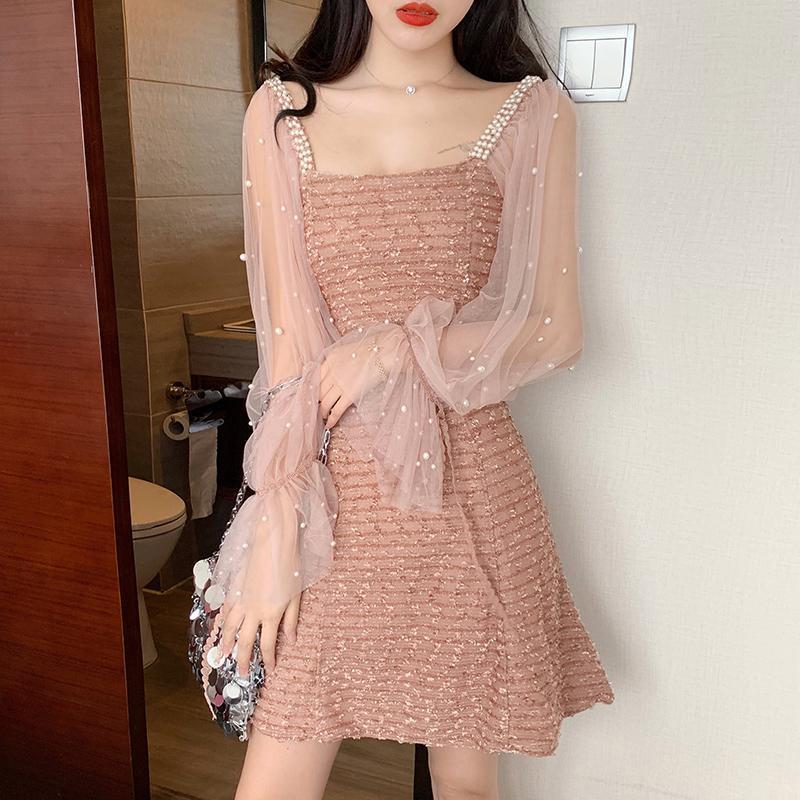 Spring women's new small fragrant temperament medium and long mesh splicing long sleeves waist and thin dress autumn