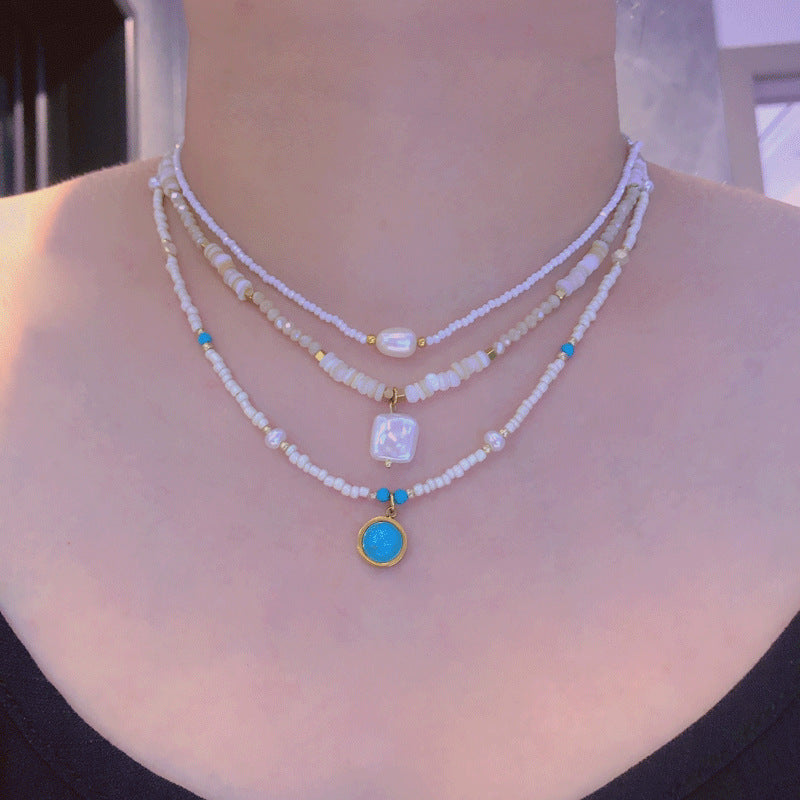 Cross-Border European and American Twin Natural Shell Pearl Necklace Diamond Turquoise Titanium Steel Pendant Color Necklace Female Accessories