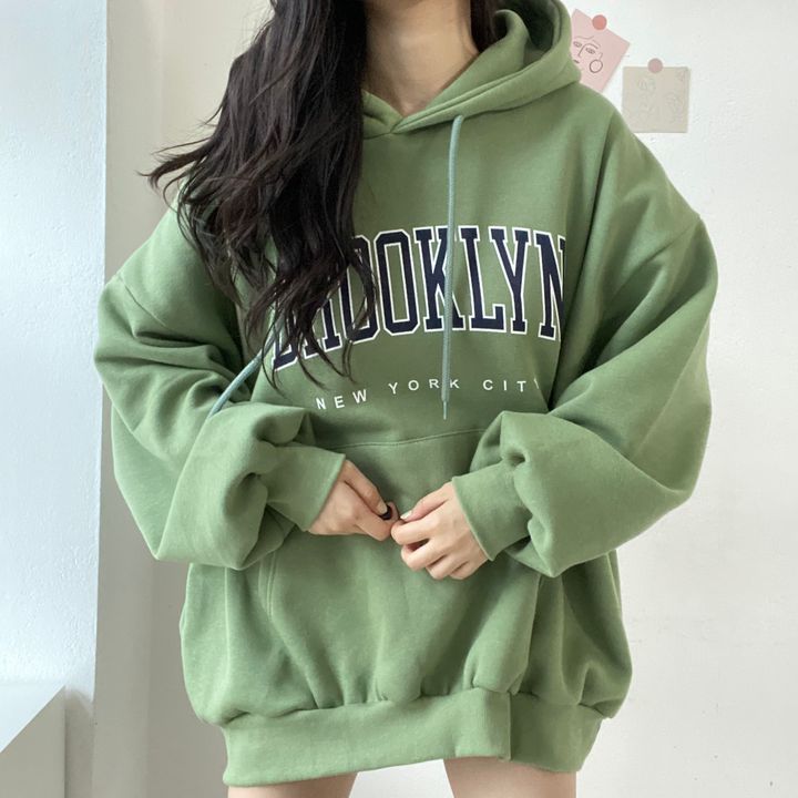 VAKKV Manufacturer tide brand Korean version letter hooded loose spring autumn and winter sweater women's medium and long velvet Japanese solid color lazy thin