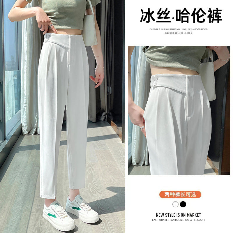 Ice Silk Suit Pants Women's Straight Summer Thin High Waist Slimming Plump Girls plus Size Harem Pants Harem Ankle-Length Cigarette Pants