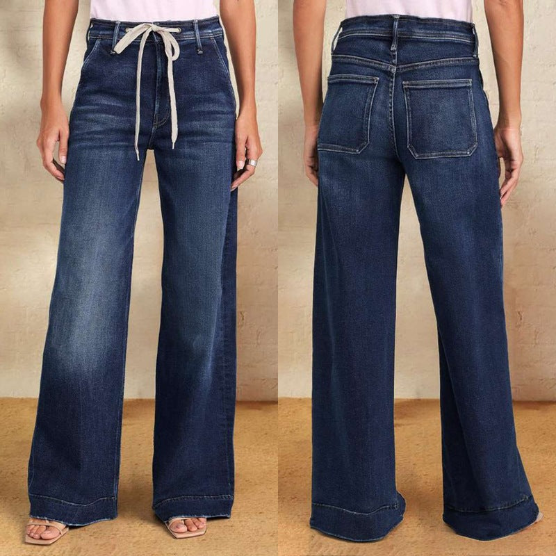 VAKKV Hot trade wholesale 2025 women's clothing 2025 spring new lace-up elastic jeans straight temperament wide-leg trousers