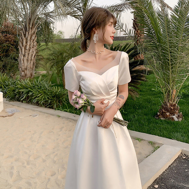 VSKKV Satin Wedding Dress New Elegant Light Wedding Dress Simple Trip Shoot White Wedding Dress Daily Style Women