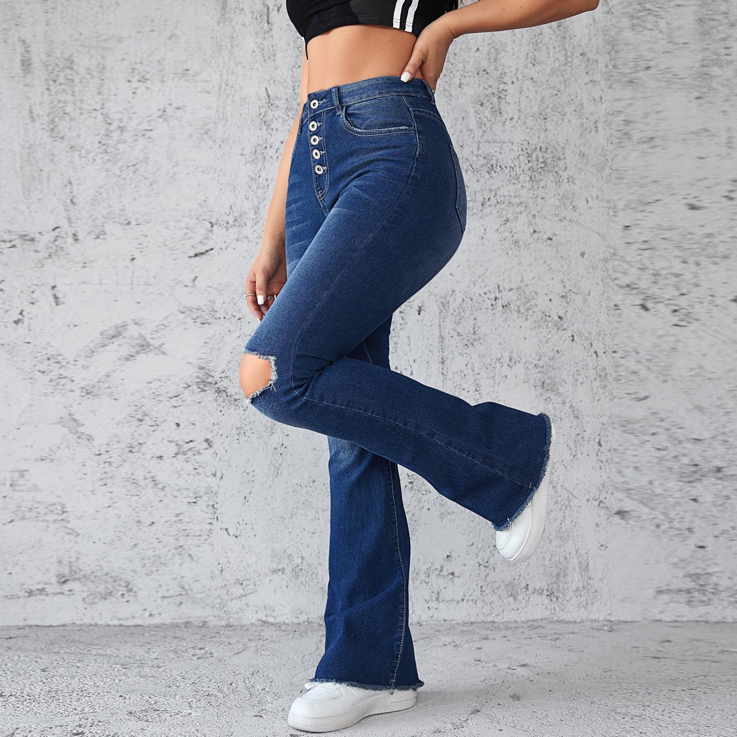 VAKKV Spring and summer Popular trade new ebay independent station wish amazon slim high waist high elastic hole denim trousers women