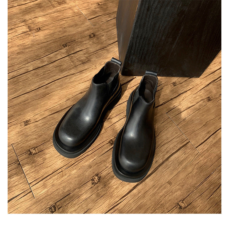 2025 Cowhide version~ Inner heightening Martin boots Women's British style velvet commuter short tube thick-soled Chelsea short boots Smoke boots