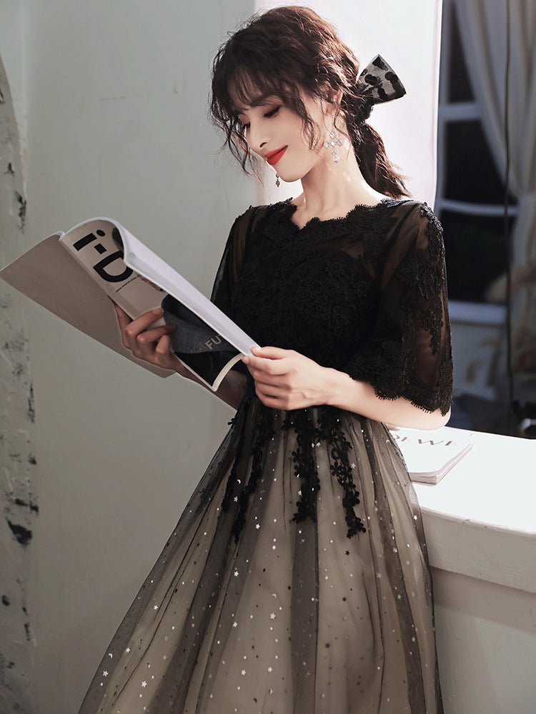 Annual Party Evening Dress Female New Spring and Summer Temperament Banquet Cover Belly Black Slimming Daily Style Host