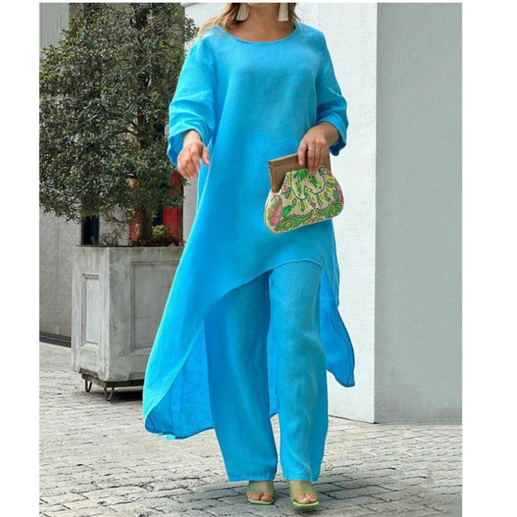 European and American New Women's Clothing Cotton and Linen Fashion Casual plus Size Irregular Long Sleeve Suit Wide Leg Pants Two-Piece Set