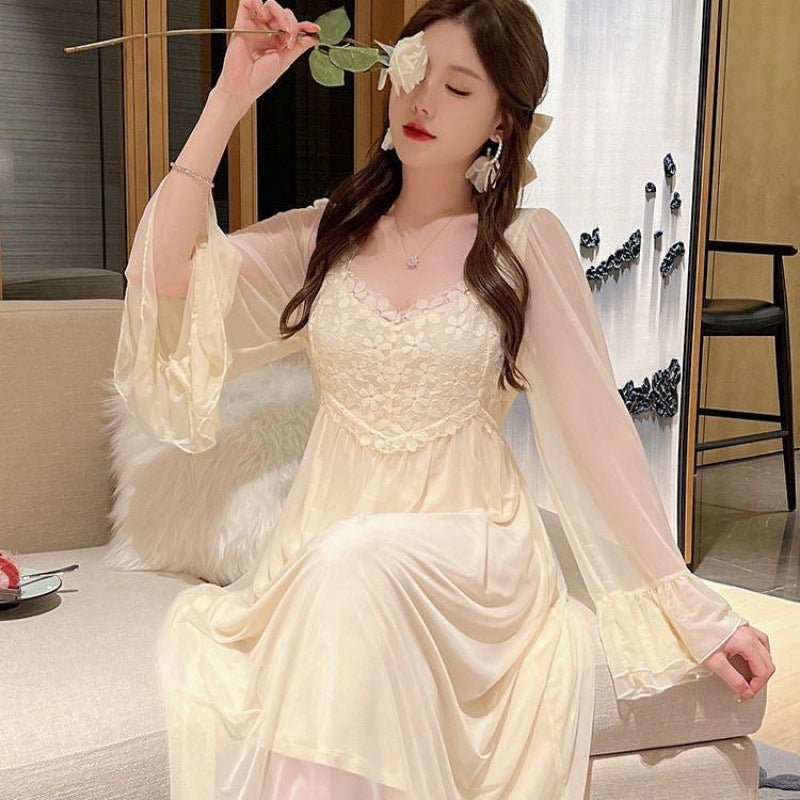 2025 High sense Internet celebrity wind suspender nightgown autumn pure desire wind nightgown mesh sexy two-piece set sexy pajamas female summer